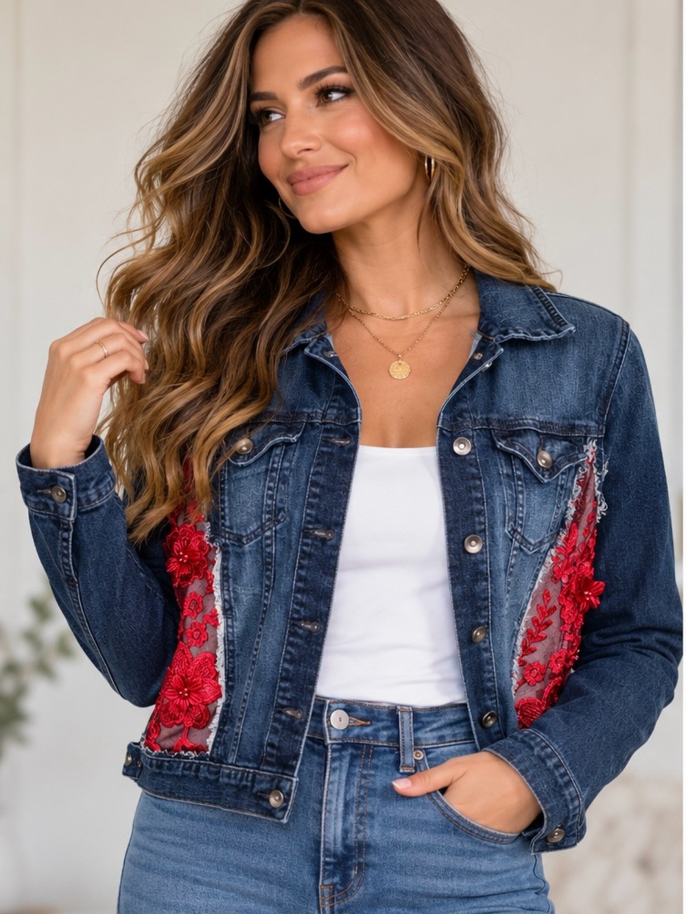 Upcycled Calvin Klein Jeans Blue Denim Jacket with Red Floral Lace Panels